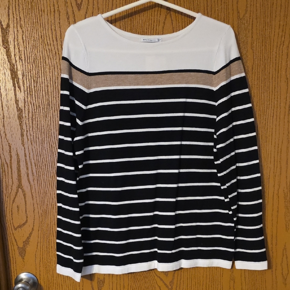 Staccato Striped Long-Sleeve Crewneck Sweater - Black, White & Brown